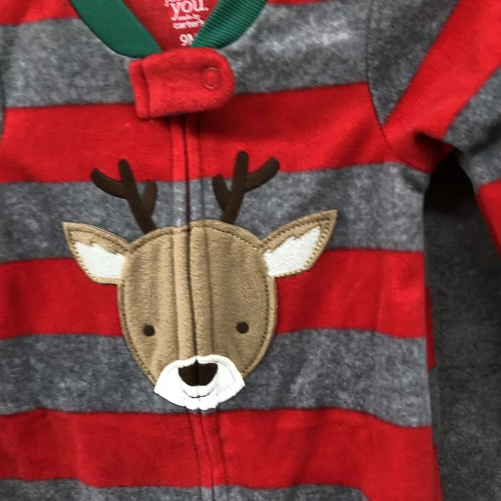 NWT Carter's Baby 9M Christmas Footed Fleece Pajama One Piece Reindeer Striped‎
